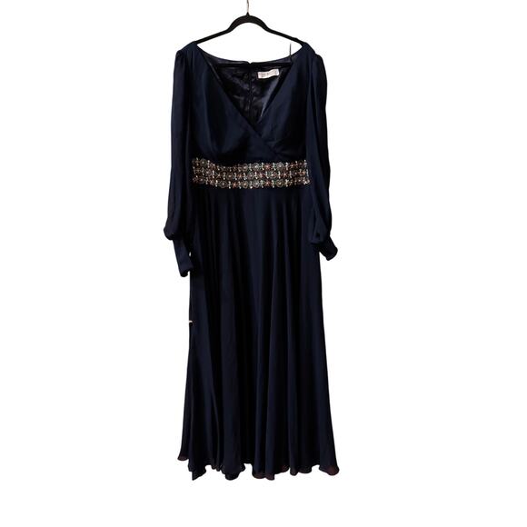 Mac Duggal Midnight Blue Beaded Belt Long Sleeve A-Line Gown Size 16 $598 - Picture 6 of 7